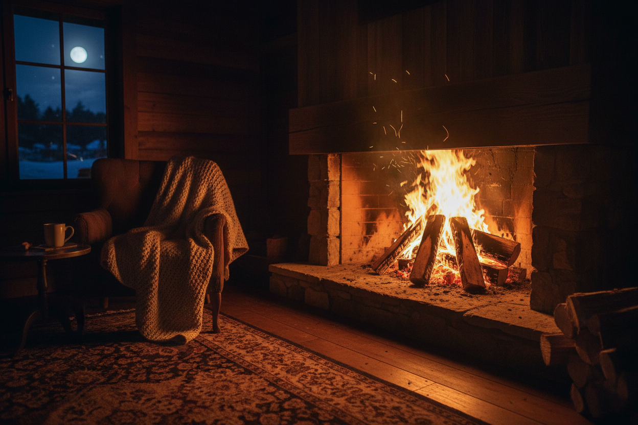 un foyer avec du bois a linterrieur la nuit